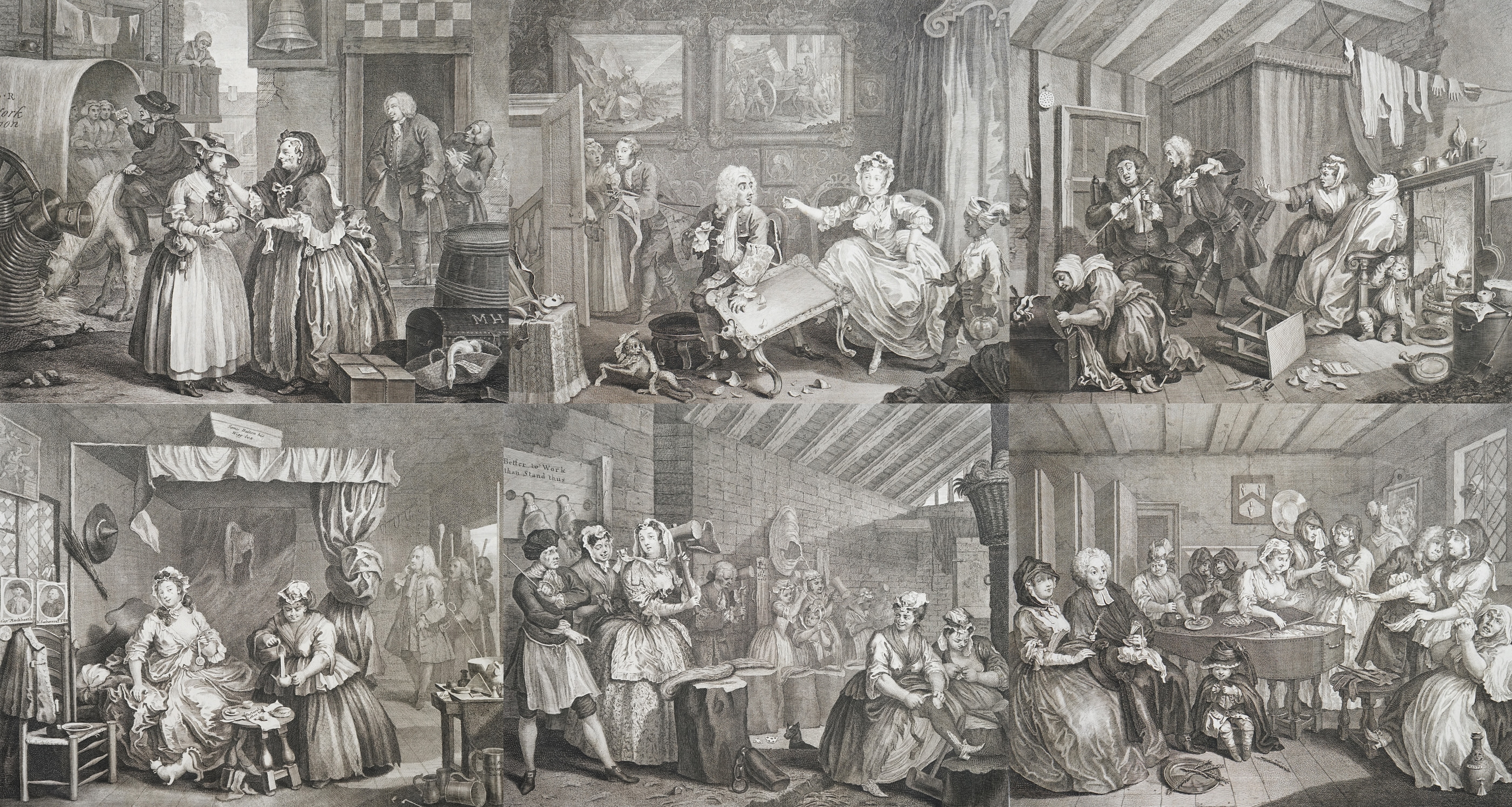 William Hogarth (English, 1697-1764), The Harlots Progress c.1775, Jane Hogarth edition, set of eight engravings, 30.5 x 58cm